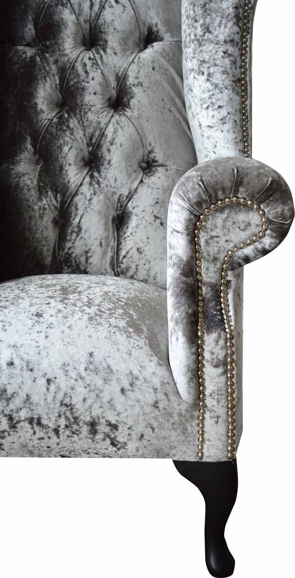 JVmoebel Ohrensessel HANDMADE CRUSHED SILVER WING VELVET CHESTERFIELD ARMCHAIR