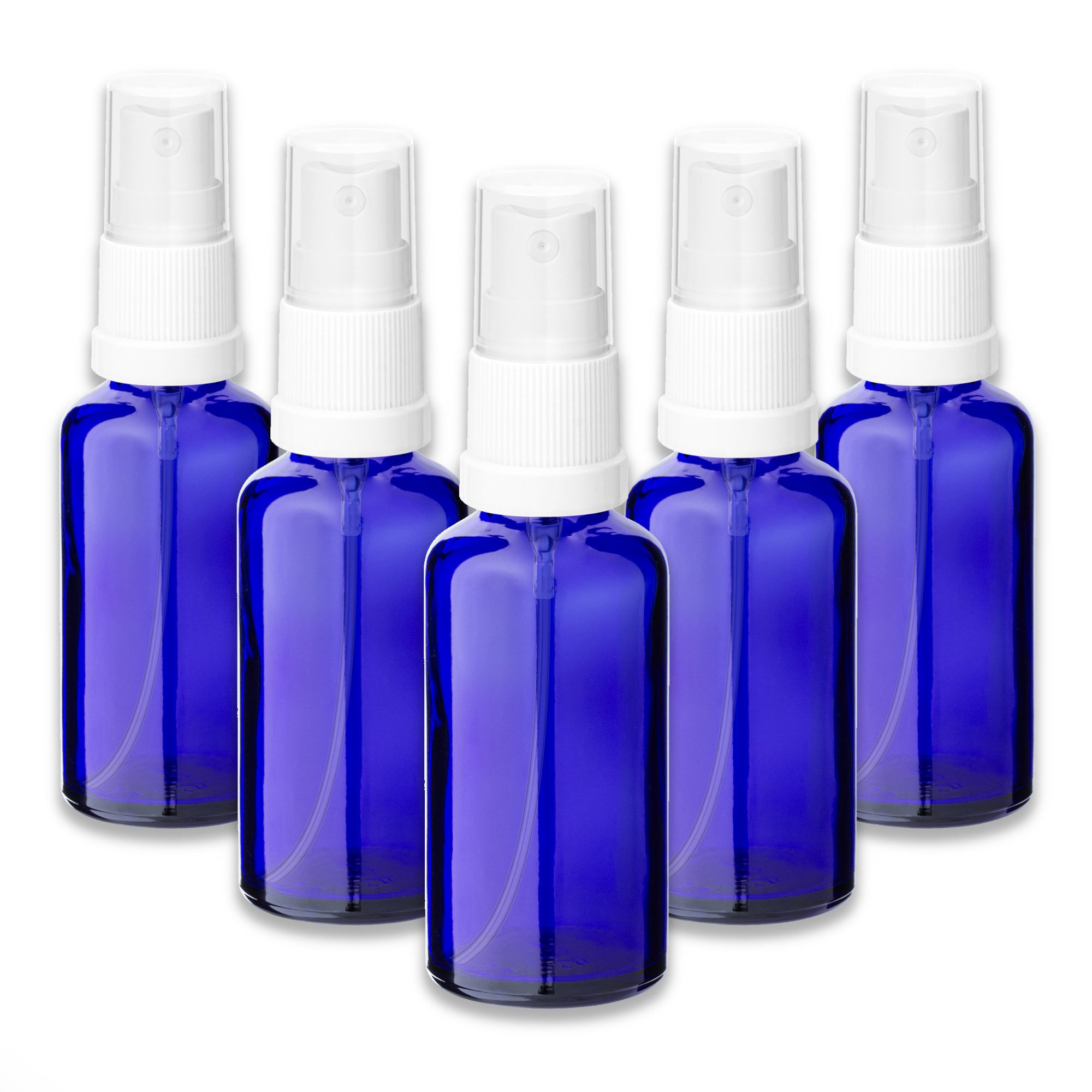CK Verpackung GmbH Pipettenflasche 5x Blaue Glasflasche 50 ml mit weißem Zerstäuber Sprükopf Pumpspray
