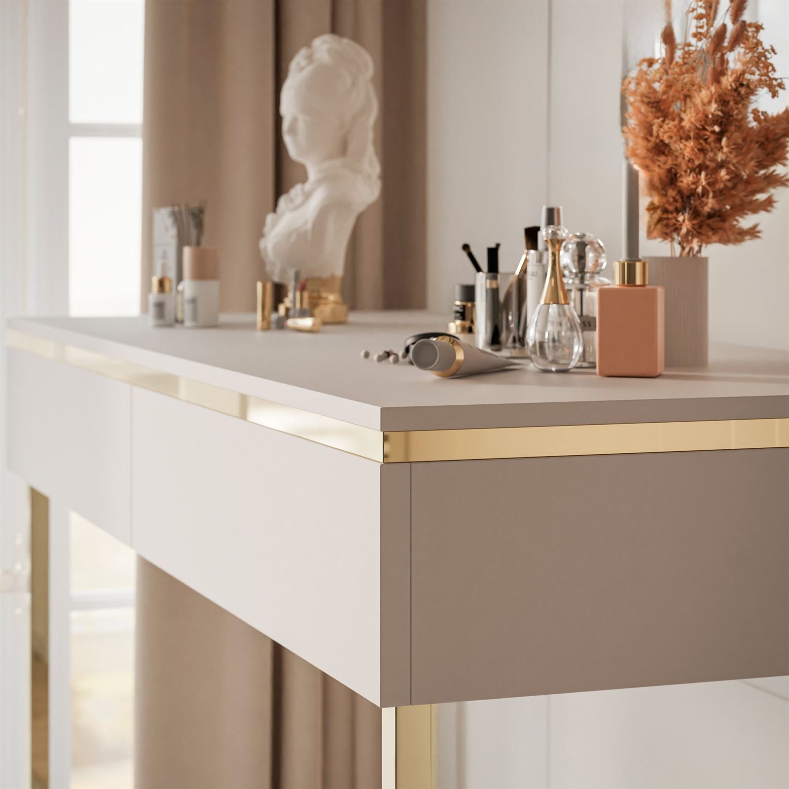 Lookway Schminktisch AURORA GOLD KASCHMIR auf einem goldenen Gestell, Breite: 102 cm, Höhe: 78,5 cm, Tiefe: 43,6 cm – Bild 4 von 5