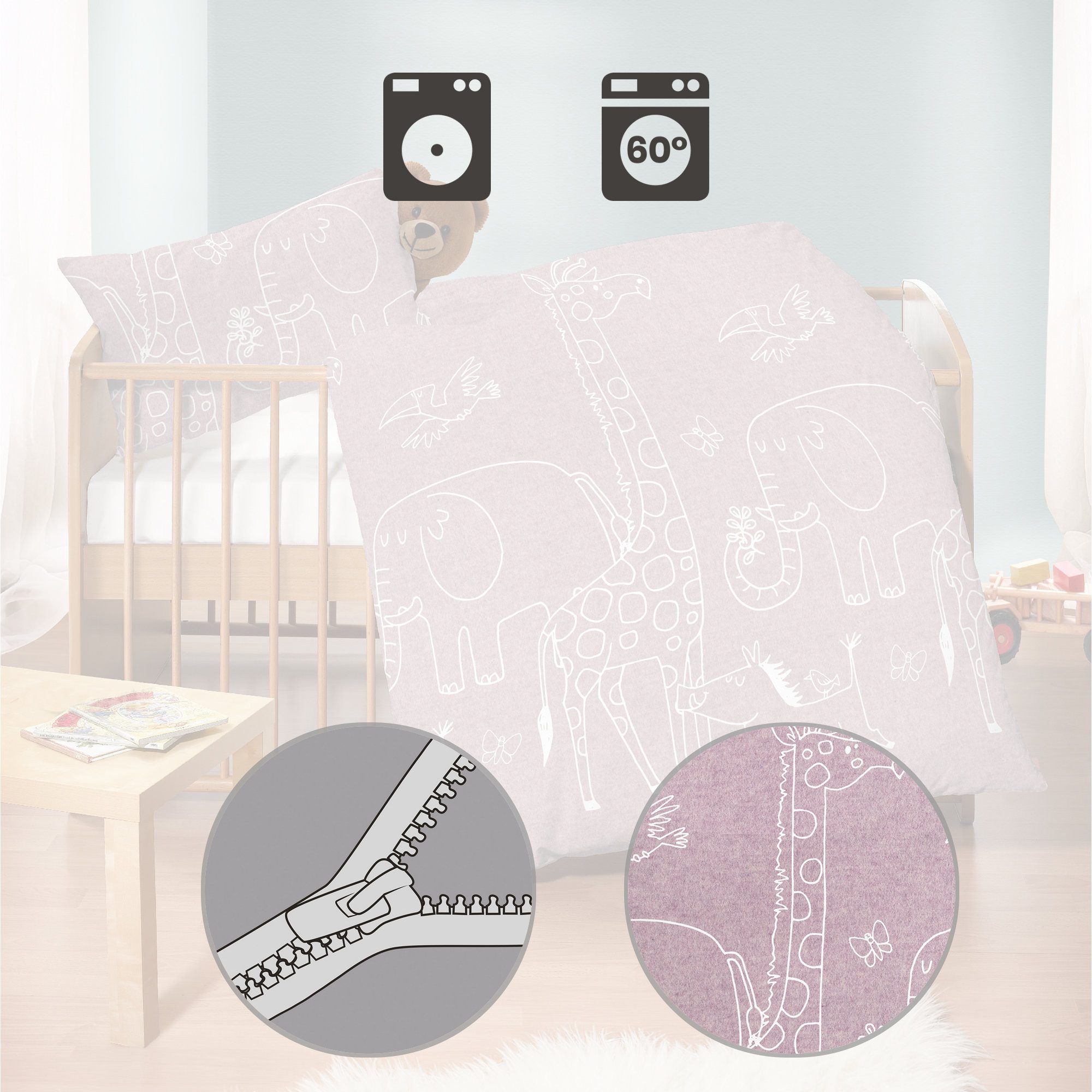Biberna Kinderbettwäsche Kinder-Bettwäsche, Baumwolle, Melange-Flanell Tiermotive – Bild 3 von 5