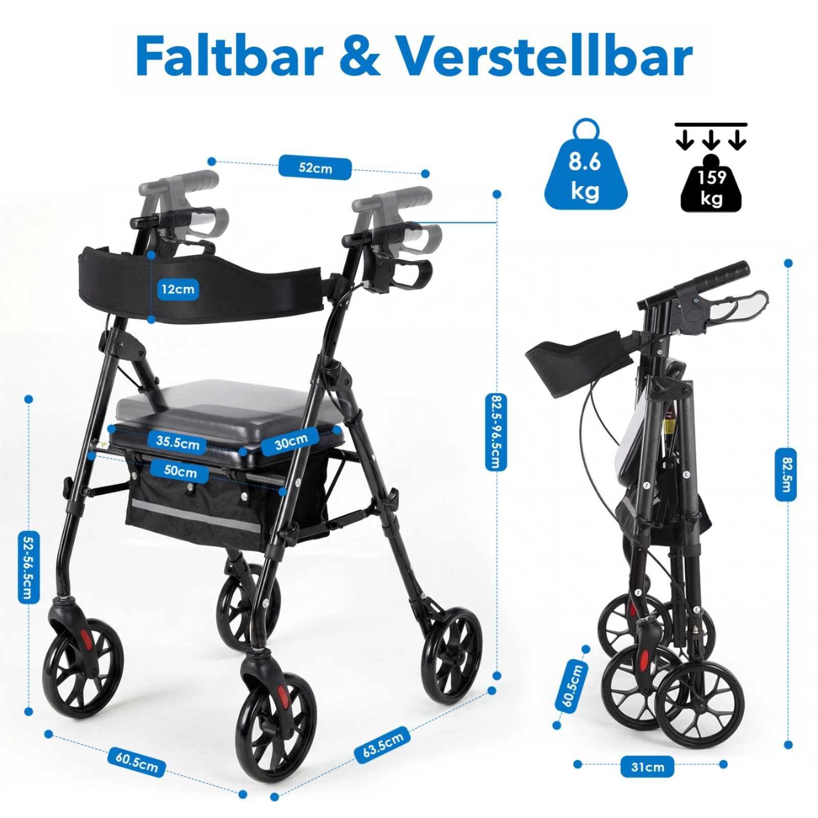 TLGREEN Rollator faltbar, höhenverstellbar & bis159 kg belastbar, sicheres Bremssystem,Unter-Sitz-Ablage,20 cm Rädern für Alltag & Reise