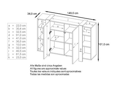 Vladon Highboard Ida (Anrichte, mit 2 Türen und 6 offene Fächer), Weiß matt/Eiche Natur (149 x 101 x 34 cm)