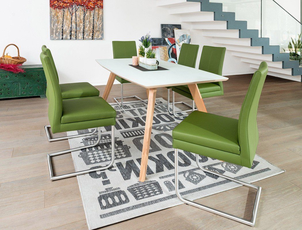expendio Essgruppe Tromsa Vidrio, (komplette Tischgruppe, Spar-Set, 7-tlg), Tisch Kernbuche natur mit Glasauflage 140x90 cm + Schwinger Gonda grün