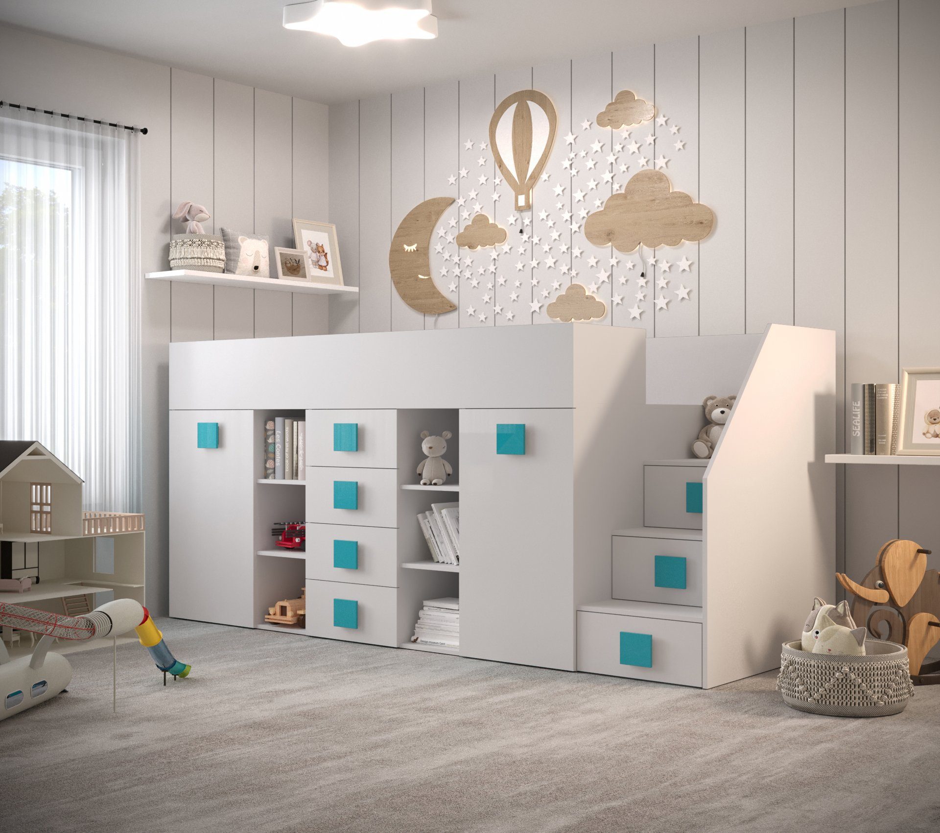 Unique Home Hochbett Kinderbett TOL 3P-G, mit Schreibtisch, Schrank und Schubladen Weiß/Griffe Türkis