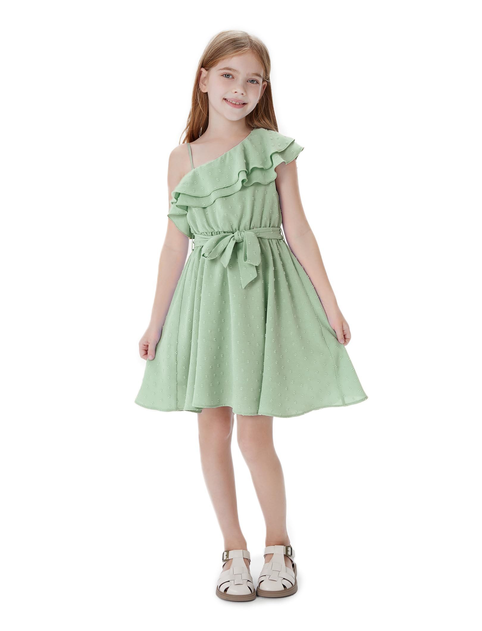 YI One-Shoulder-Kleid Mädchen Grün Eine-Schulter Kleid,A-Linien Prinzessin Sommerkleid
