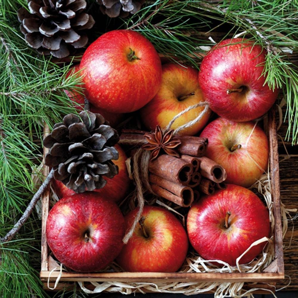 Linoows Papierserviette 20 Servietten Weihnachten Rote Apfel, Zimt & Tannengrün, Motiv Weihnachten Rote Apfel, Zimt & Tannengrün