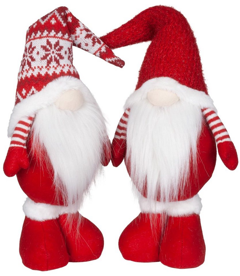 Christmas Paradise Weihnachtsfigur stehender Wichtel 35cm (48cm)  (Dekofigur, 2 St., im Set), Gnom Doppelpack, 2 verschiedene Zipfelmützen,  Weihnachtsdeko Weiß-Rot