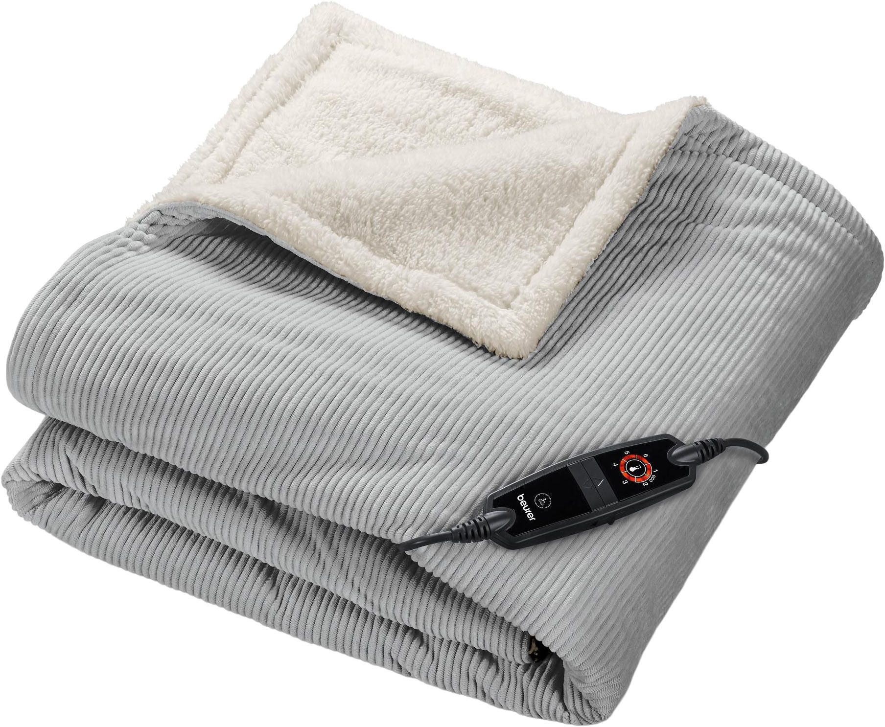 BEURER Heizdecke HD 81 Cord Light Grey Green Planet, aus recycelten Materialien, kuschelige Wärmedecke aus weichem Cord-Stoff mit 6 Temperaturstufen