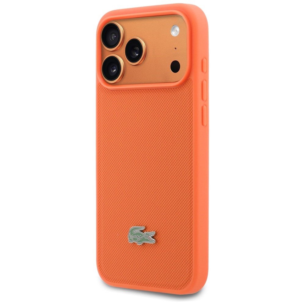 Lacoste Handyhülle iPhone 17 Pro Max Iconic Petit Pique orange Logo Metall Magsafe 6,9 Zoll, Kantenschutz