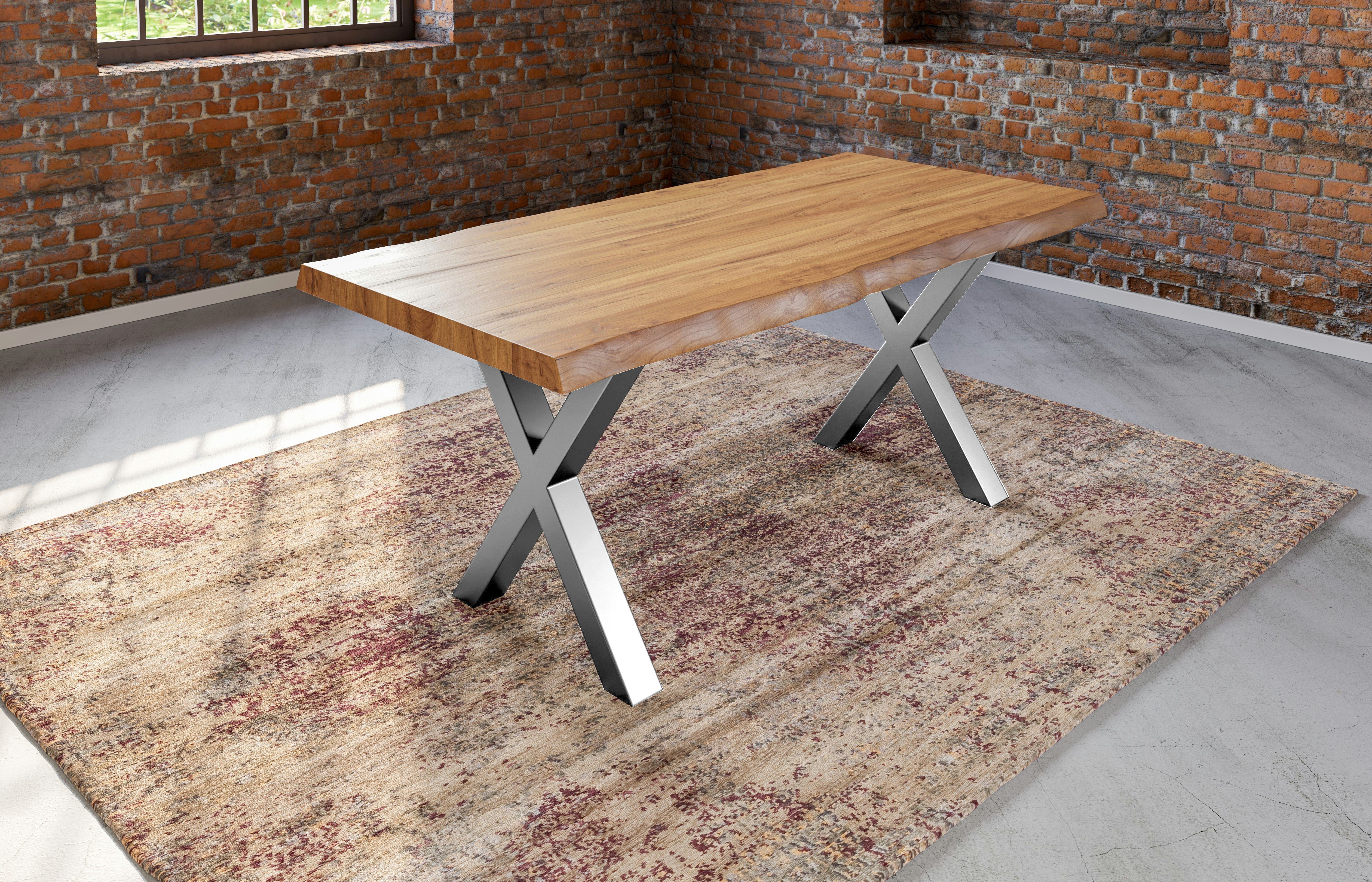 SAM® Baumkantentisch Larne, massives Akazienholz mit Baumkante und X-Gestell aus Metall