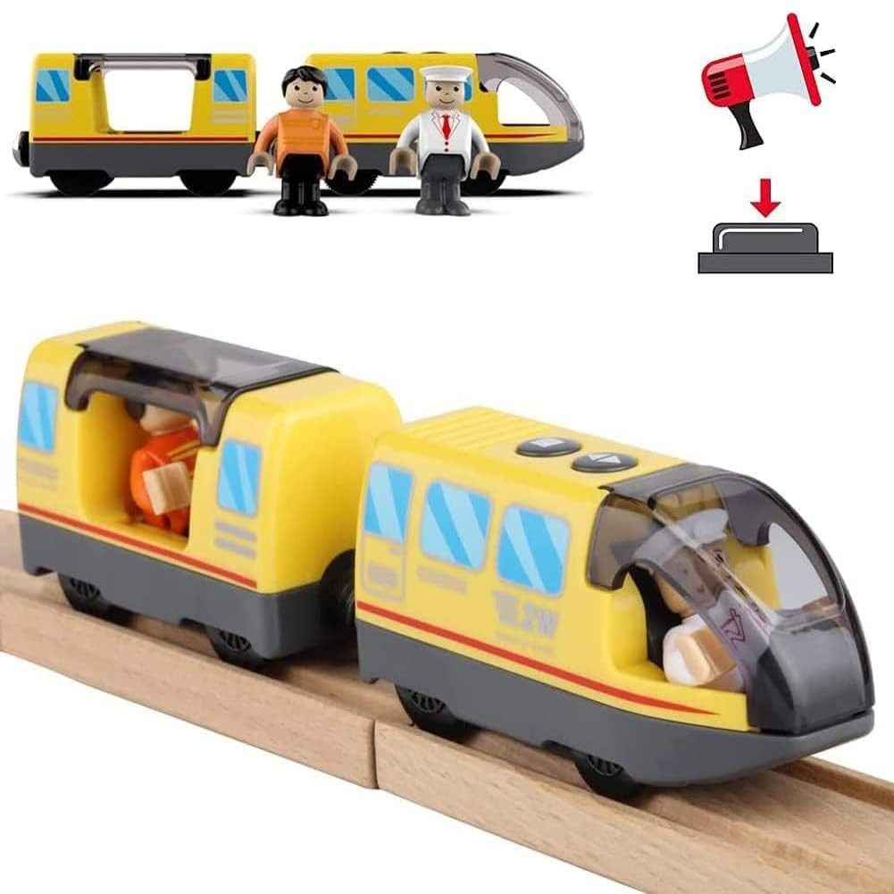 CLTYQ Spielzeug-Eisenbahn Batteriebetriebener Zug für Holzeisenbahn Schienenset Spielzeug, Magnetische Kupplungen,Stadtfahrzeug mit Figuren (ohne Holz-gleise)