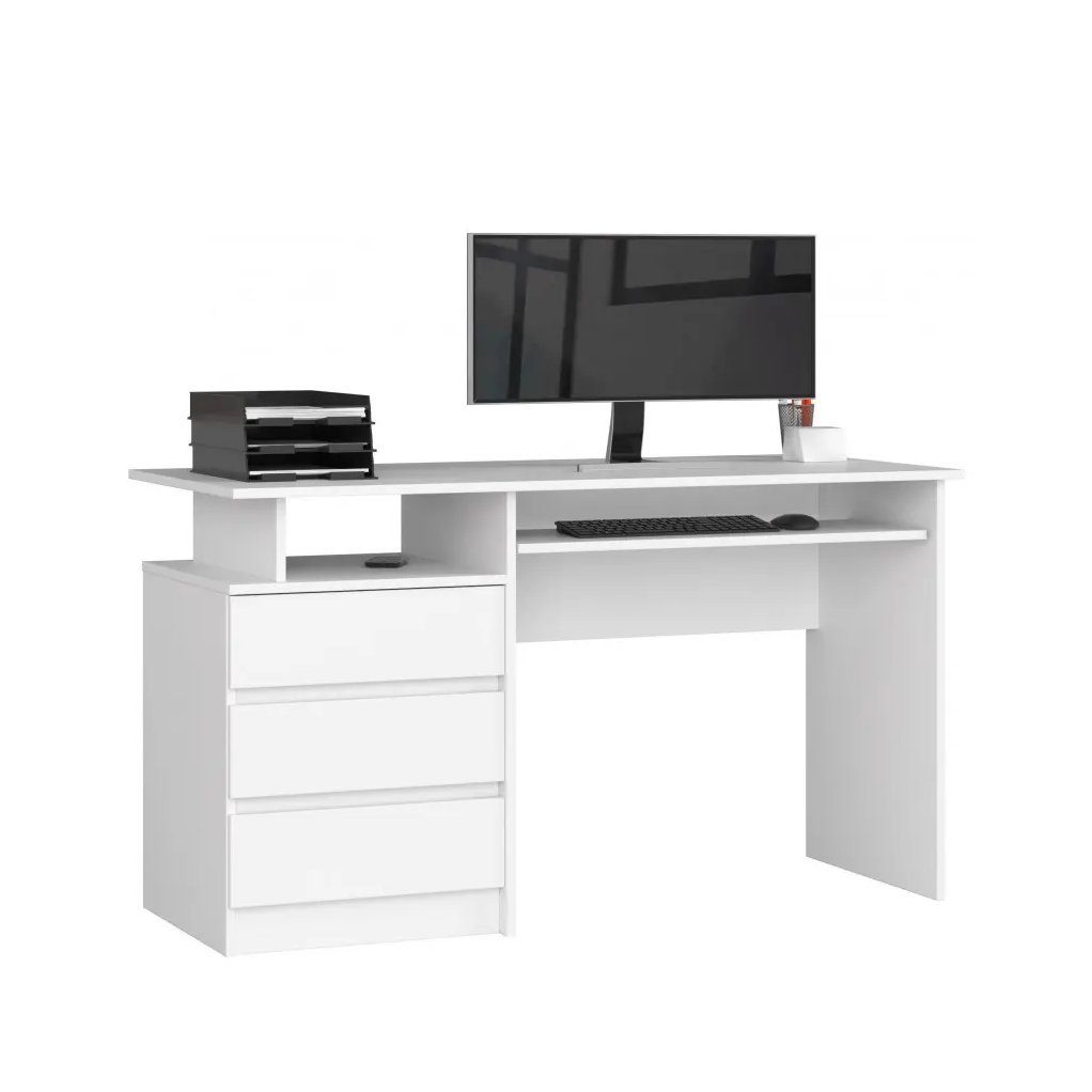 Roysson Home Computertisch Computertisch Schreibtisch Freistehender 135cm 3 Schubladen Weiß ERATO