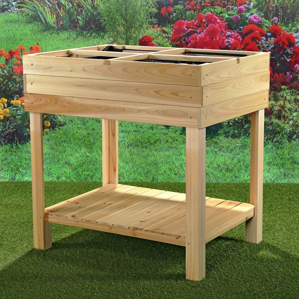 Melko Hochbeet Gartenbeet Hochbeet mit 4 Fächer aus Holz für Indoor & Outdoor 80x60x80 cm Blumenständer Pflanzkasten Pflanztisch Gemüsebeet Gärtnertisch (Stück), Mit Ablage