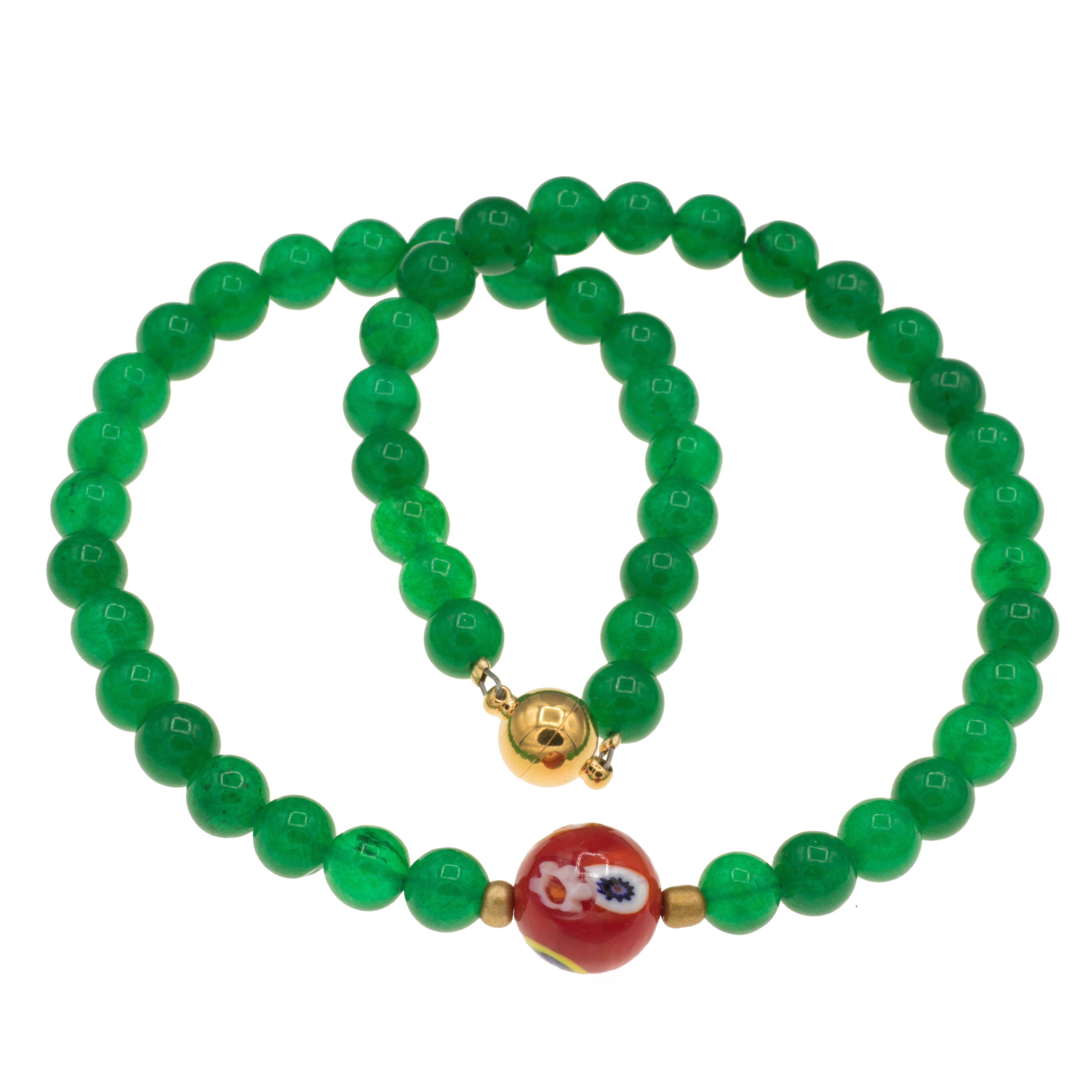 Perlenkette Kette mit Jade grün und 1 Murano Glas Mosaik Perle