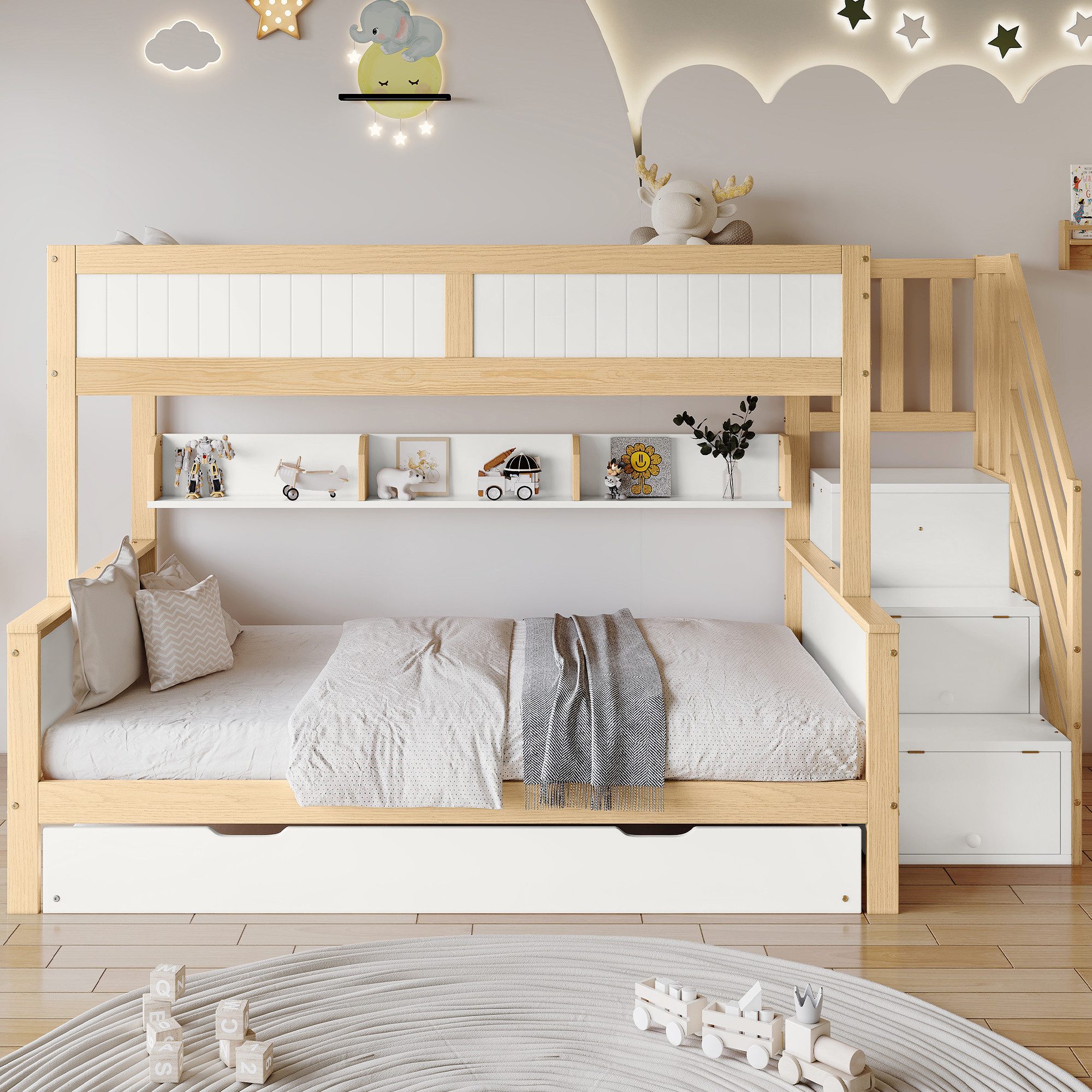 REDOM Etagenbett Funktionsbett Etagenbett Kinderbett (Funktionsbett,mit Rollbett Stauraumtreppe und Kleiderschrank, 90x200cm & 120x200cm), ohne Matratze