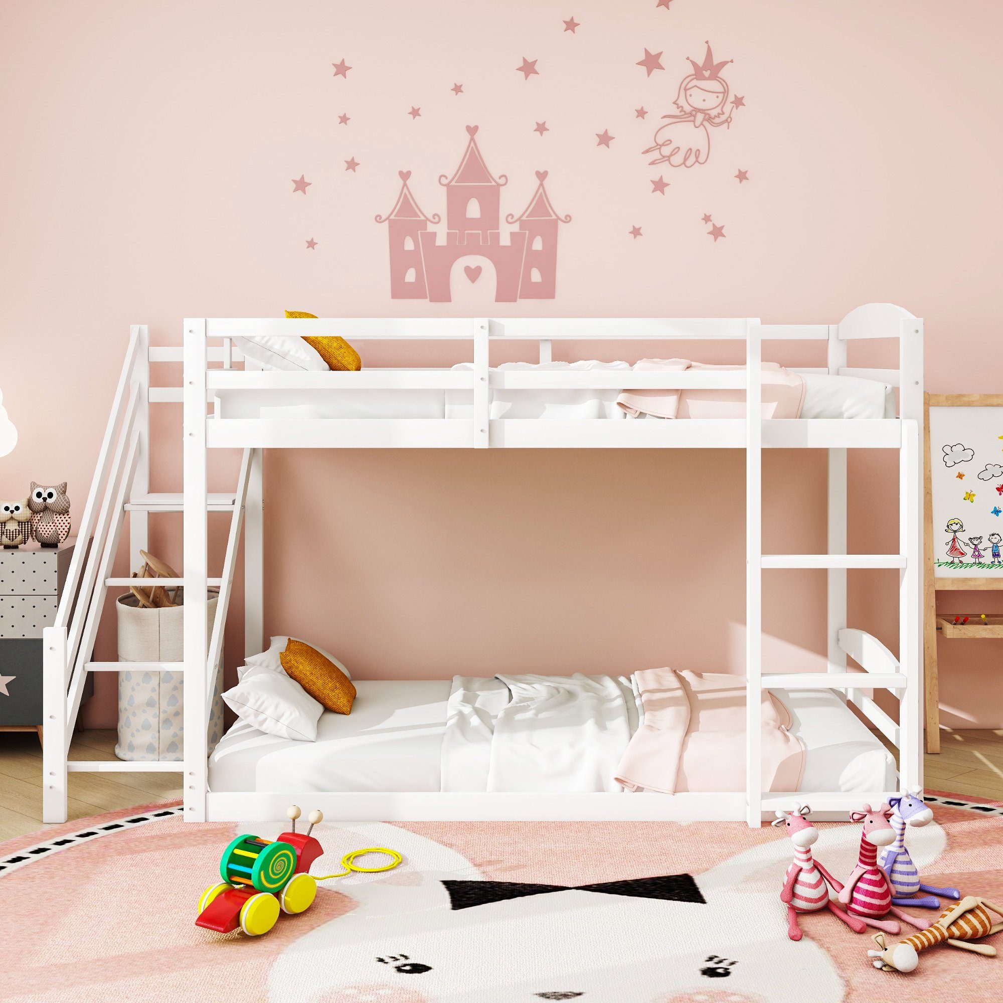 Ulife Kinderbett Etagenbett mit zwei Sicherheitstreppen, Massivholz, 90×200 cm Weiß