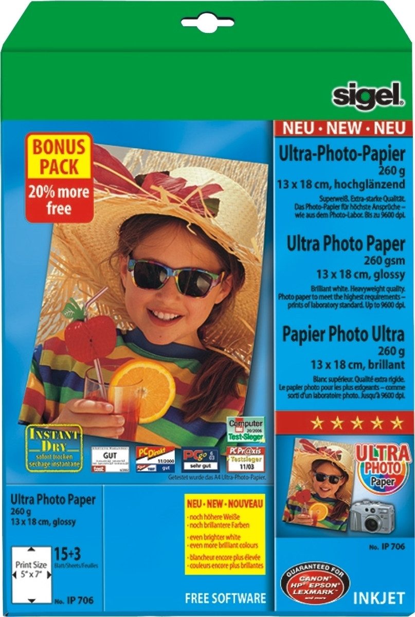 Sigel Fotopapier Fotopapier Everyday Plus 13x18cm 260g/qm glossy VE=18 Blatt