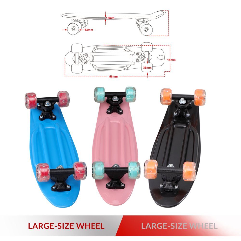monzana Skateboard mit LED-Rollen, Monzana Skateboard 22 Zoll ABEC 7 Retro Pennyboard 100kg belastbar