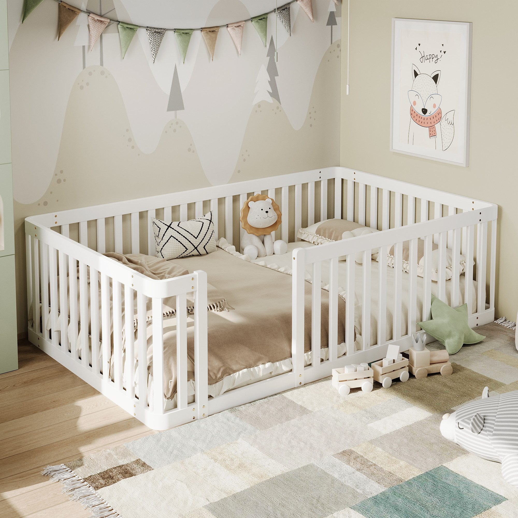 BlingBin Kinderbett 90x200 mit Rausfallschutz, Holzbett Massivholz Kiefer (Holzbett, 1-tlg., 1tlg), Bodenbett mit Zaun halbgeschlossen, Montessori Bett Kinder