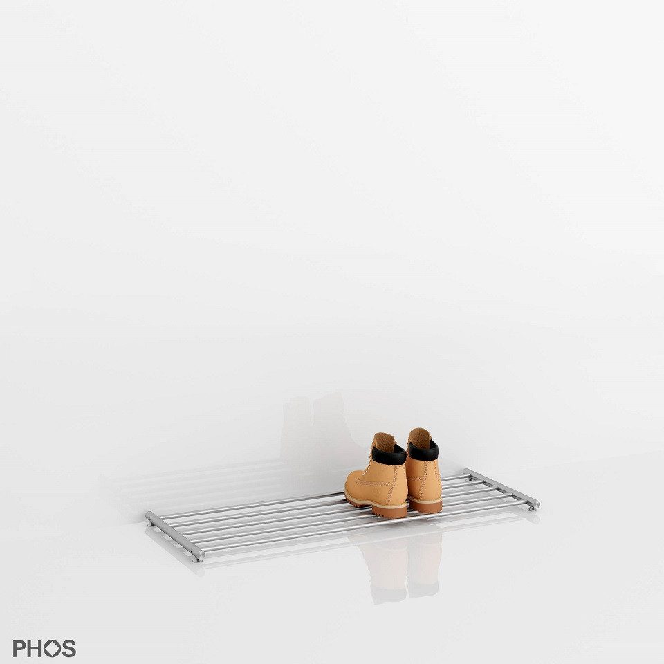 PHOS Design Schuhregal und Schuhablage aus Edelstahl: 30 - 120cm Breite, 1 - 5 Ablageflächen, Modell: SR1000-1, freistehend - 100% Made in Germany