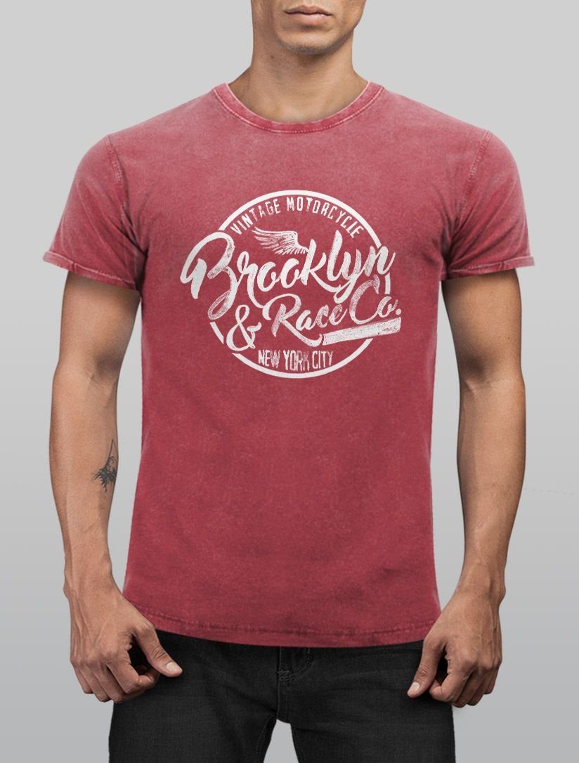 Print Shirt mit Racing Angesagtes Neverless® Vintage Fit T-Shirt Herren Used Neverless Print-Shirt Cooles Brooklyn Slim rot Look