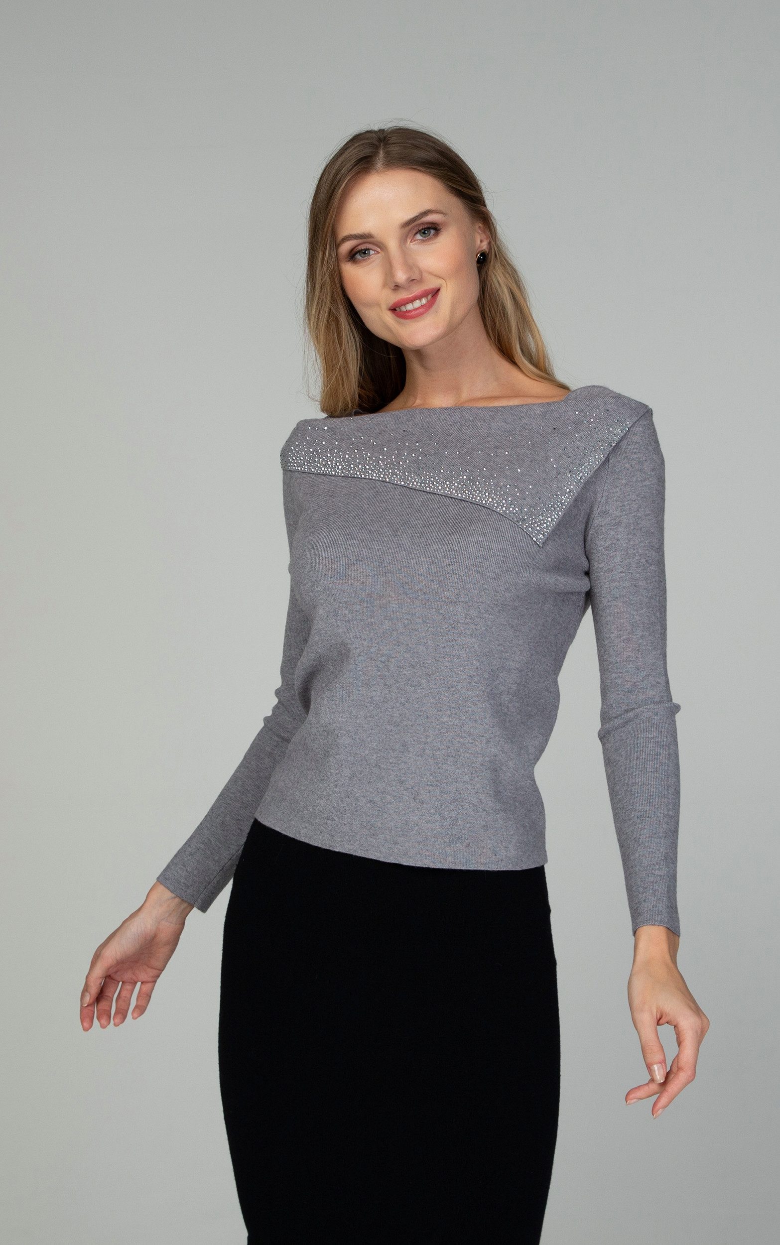 Passioni Strickpullover Femininer Pullover mit asymmetrischem Kragen günstig online kaufen