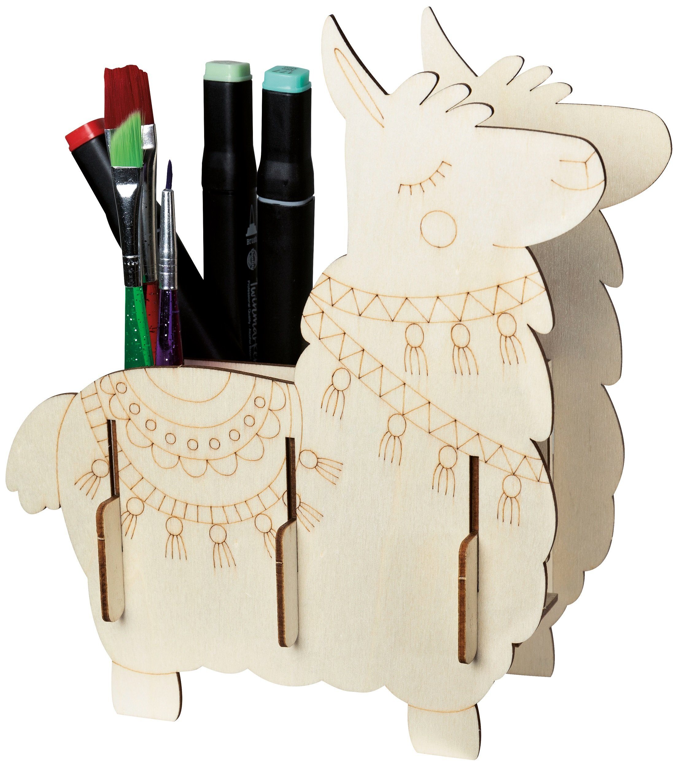 Pebaro 3D-Puzzle Holzbausatz Laser cut Stiftehalter Lama, 477/2, 7 Puzzleteile