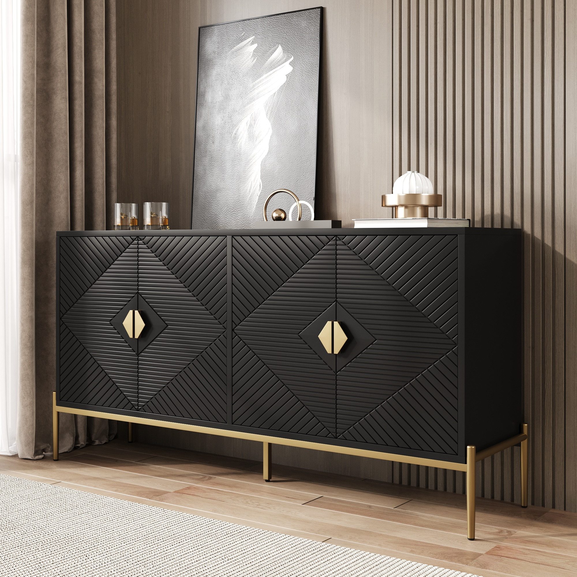 Merax Sideboard mit goldenen Metallbeinen (1 St., 162L x 40B x 80H(cm), Kommode mit 4 Türen, Aufbewahrungsschrank Anrichte, Buffetschrank