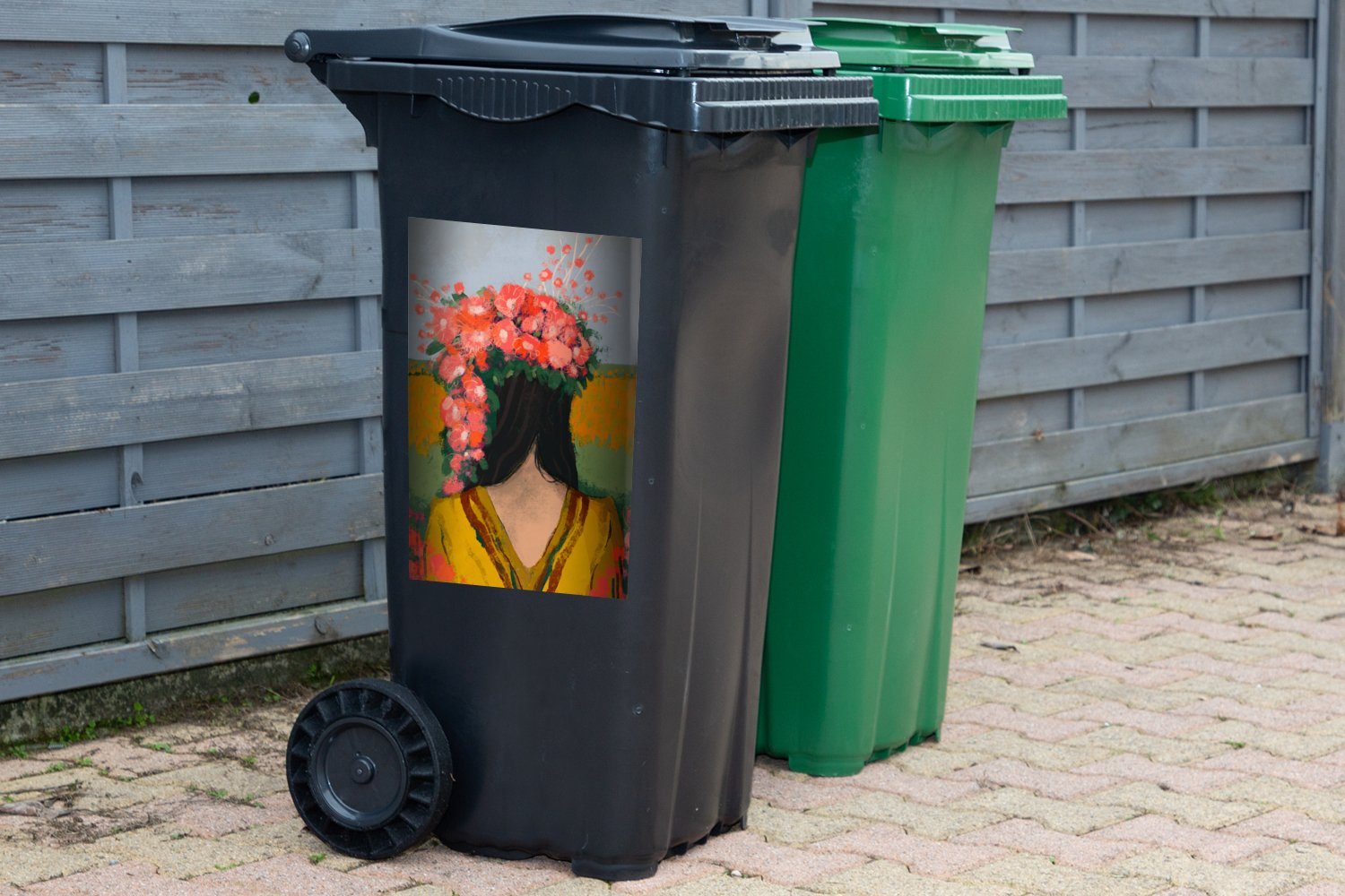 Container, Frau Rot MuchoWow - Blumen Abfalbehälter (1 Sticker, - - Mülltonne, Porträt Wandsticker St), Mülleimer-aufkleber,