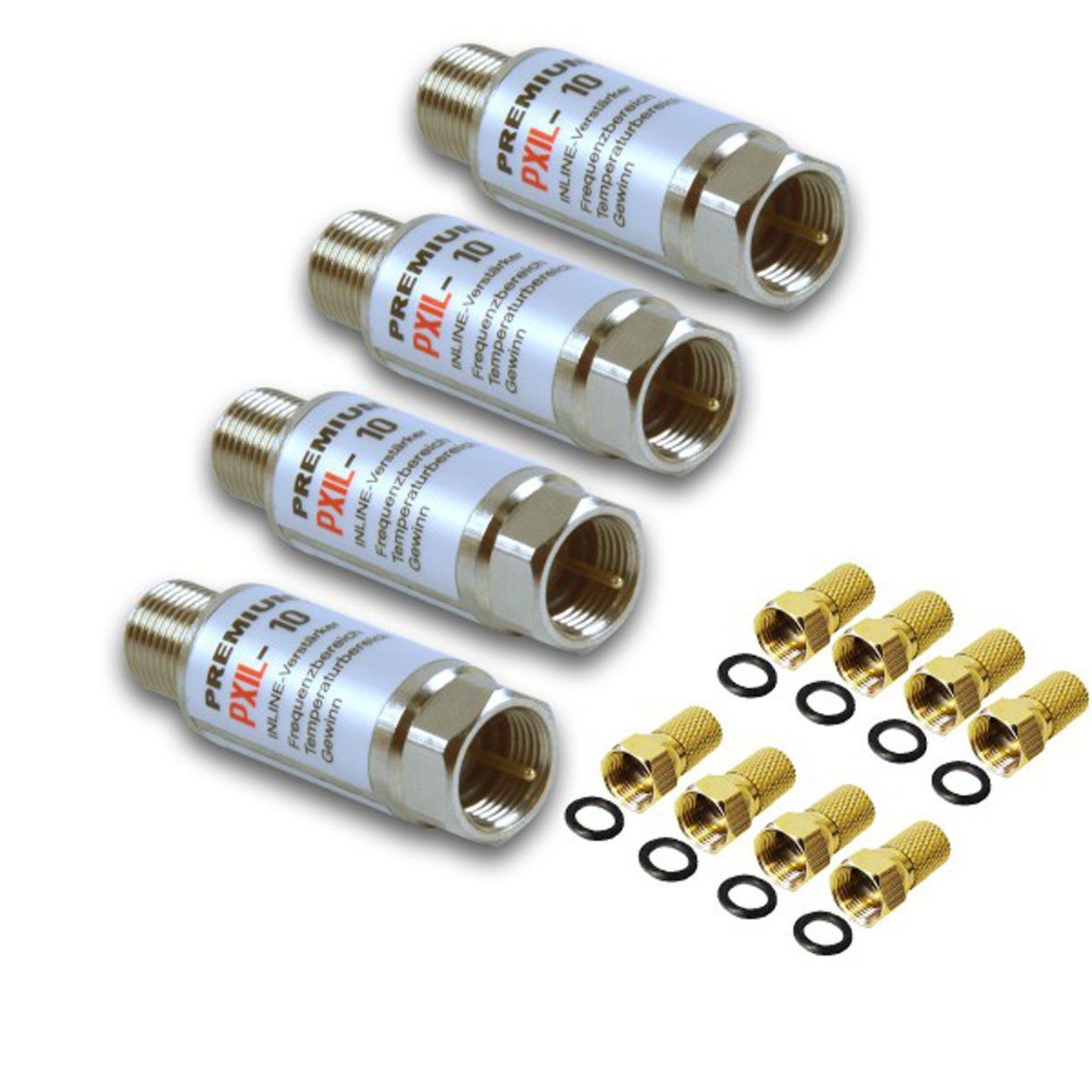 PremiumX 4x Inline Verstärker 20dB für SAT / DVB-T + 8x F-Stecker 7mm SAT-Kabel