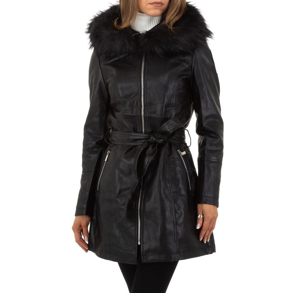 Ital-Design Lederimitatjacke Damen Freizeit Kapuze (abnehmbar) Gefüttert Übergangsjack in Schwarz