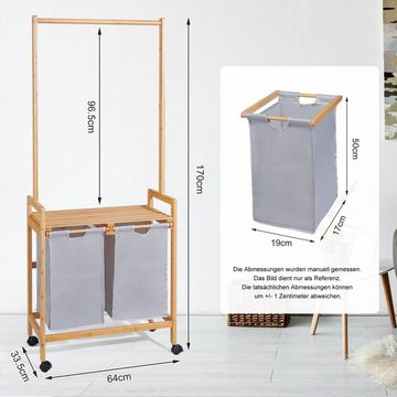 Yorbay Wäschekorb Wäschesammler aus Bambus, mit 2 abnehmbaren Aufbewahrungskörben (Mit Rollen, Ablage, 80kg belastbar), Badregal Wäschewagen Wäschebehälter für Badezimmer, Waschküche