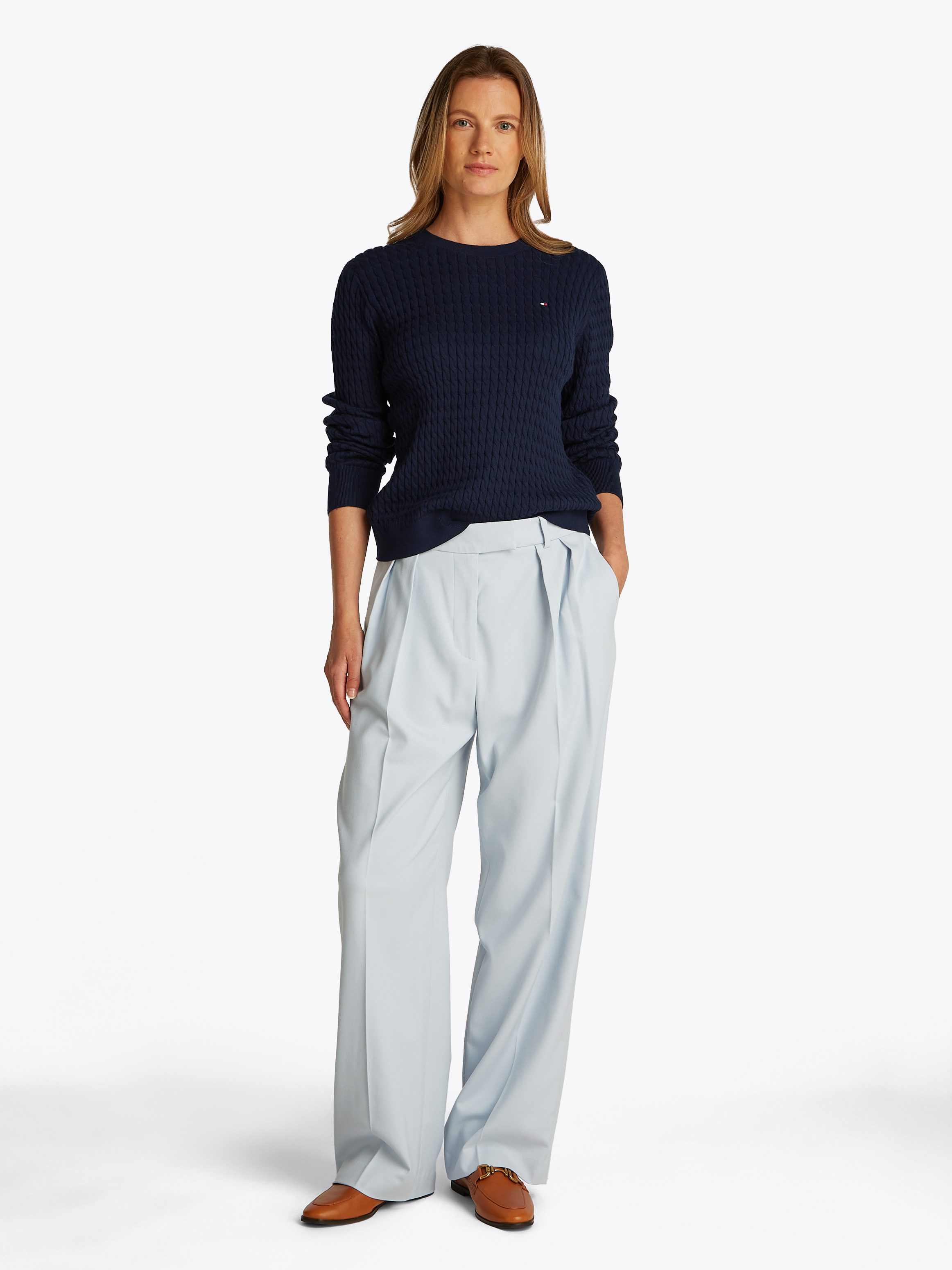 Tommy Hilfiger Rundhalspullover CO CABLE C-NK LS SWEATER Baumwolle, mit Zopfmuster, Regular Fit