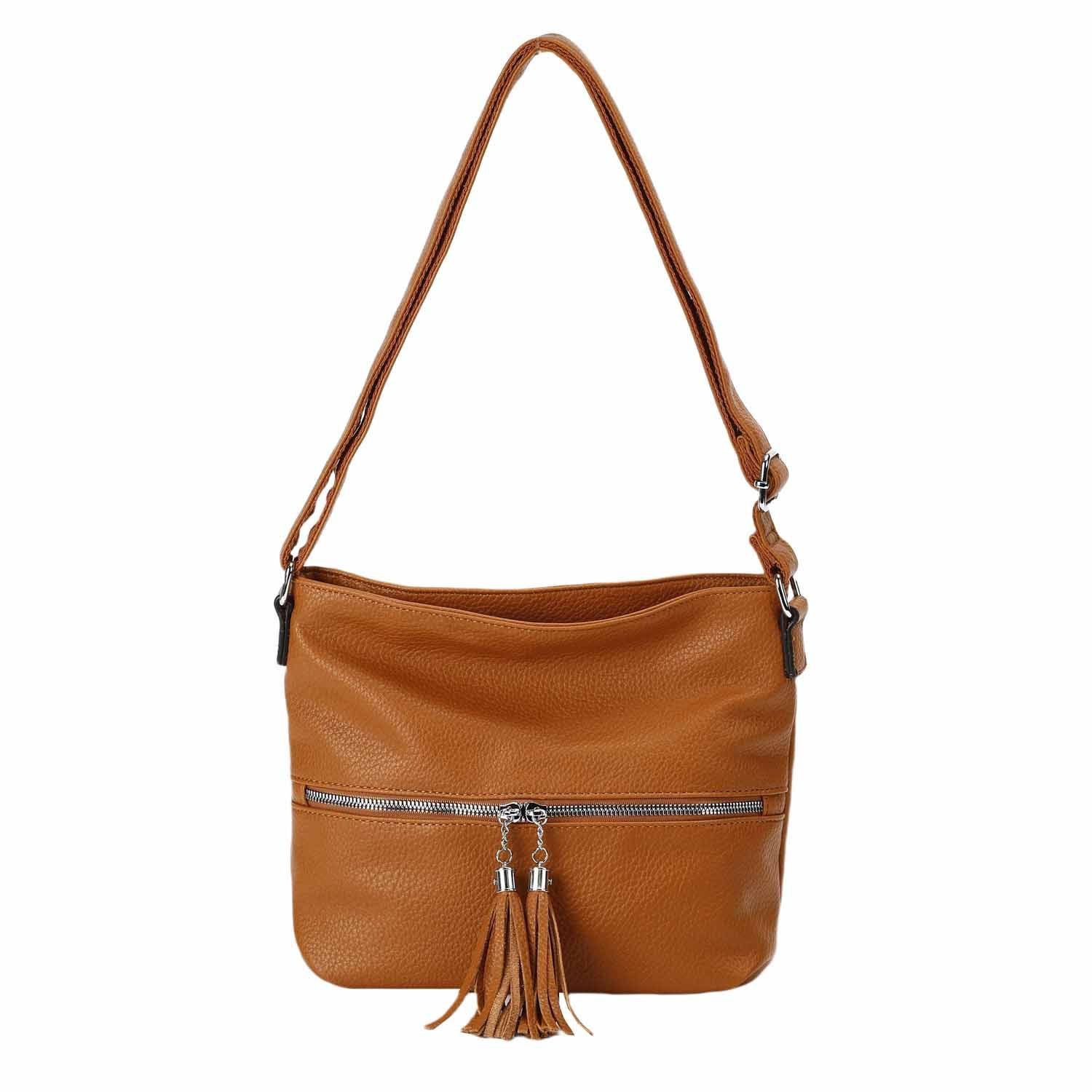 ITALYSHOP24 Schultertasche Damen Tasche Crossbody Shopper Umhängetasche Handtasche Leder Optik, Hobo Bag Damentasche City Bag Freizeit CrossOver Fransen Henkeltasche