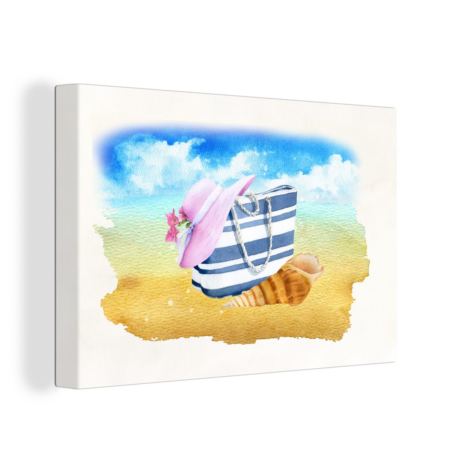 OneMillionCanvasses® Leinwandbild Tasche - Hut - Muschel - Strand, (1 St), Wandbild Leinwandbilder, Aufhängefertig, Wanddeko, 30x20 cm