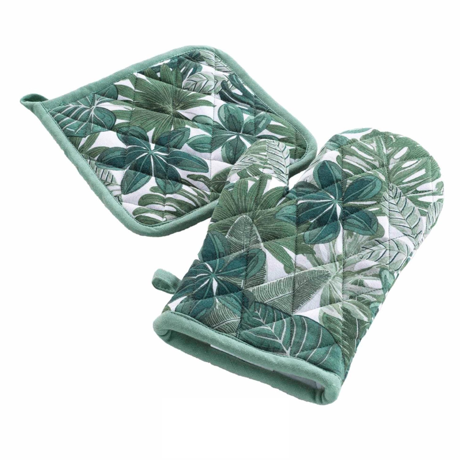 Macosa Home Topfhandschuhe Backhandschuh & Topflappen Dschungel Grün Weiß rutschfest, (modern, Topfhalter Küchenutensil Handschuh Küche), hitzebeständig Backofenhandschuh Küchenhelfer