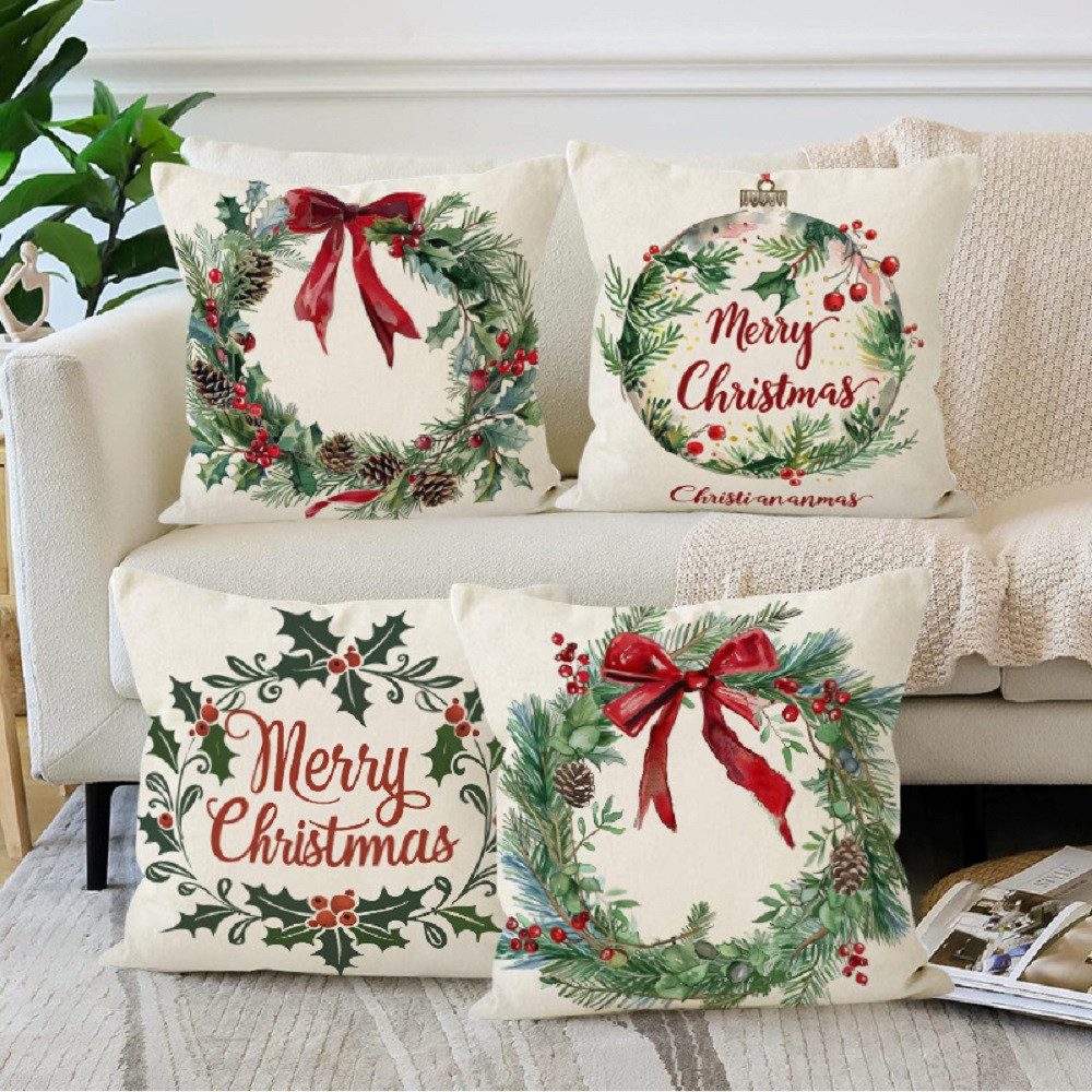 FOUORTUNATE-BEE Kissenbezug 4er-Set Weihnachts-Kissenbezüge mit grünen Blät günstig online kaufen