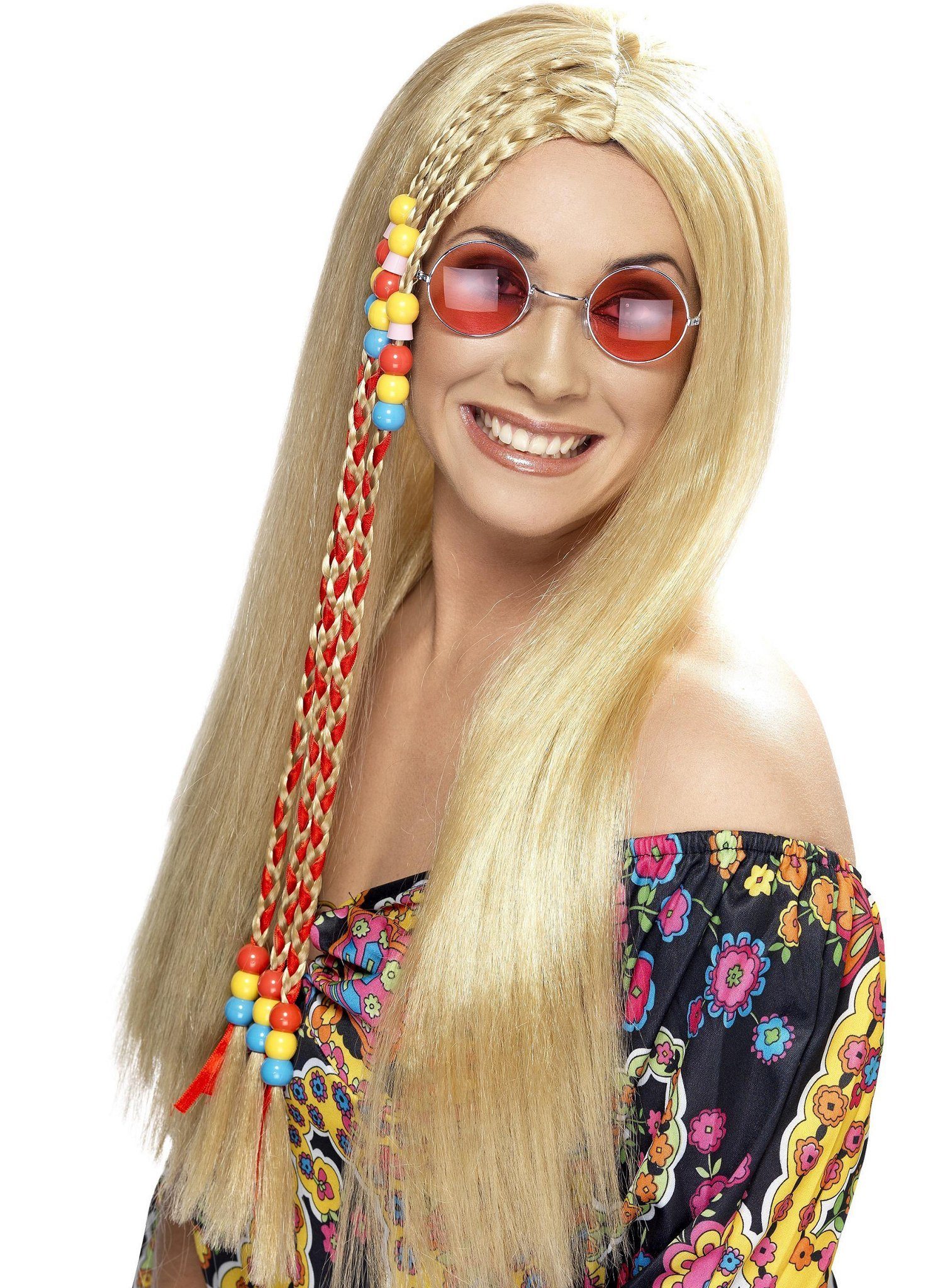 Smiffys Kostüm-Perücke Hippie mit Braids, Flowerpower-Frisur mit eingeflechteten Zöpfen