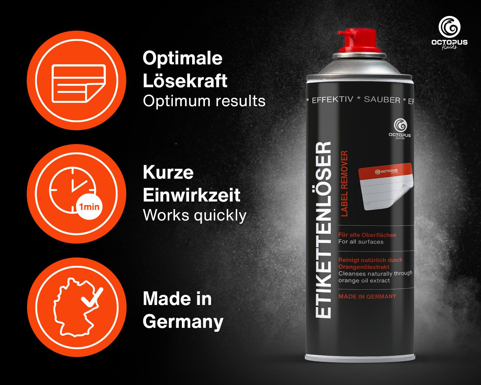 OCTOPUS Fluids Etiketten Etikettenlöser, Klebstoffentferner, Etikettenentferner Spray, 200ml Spraydose