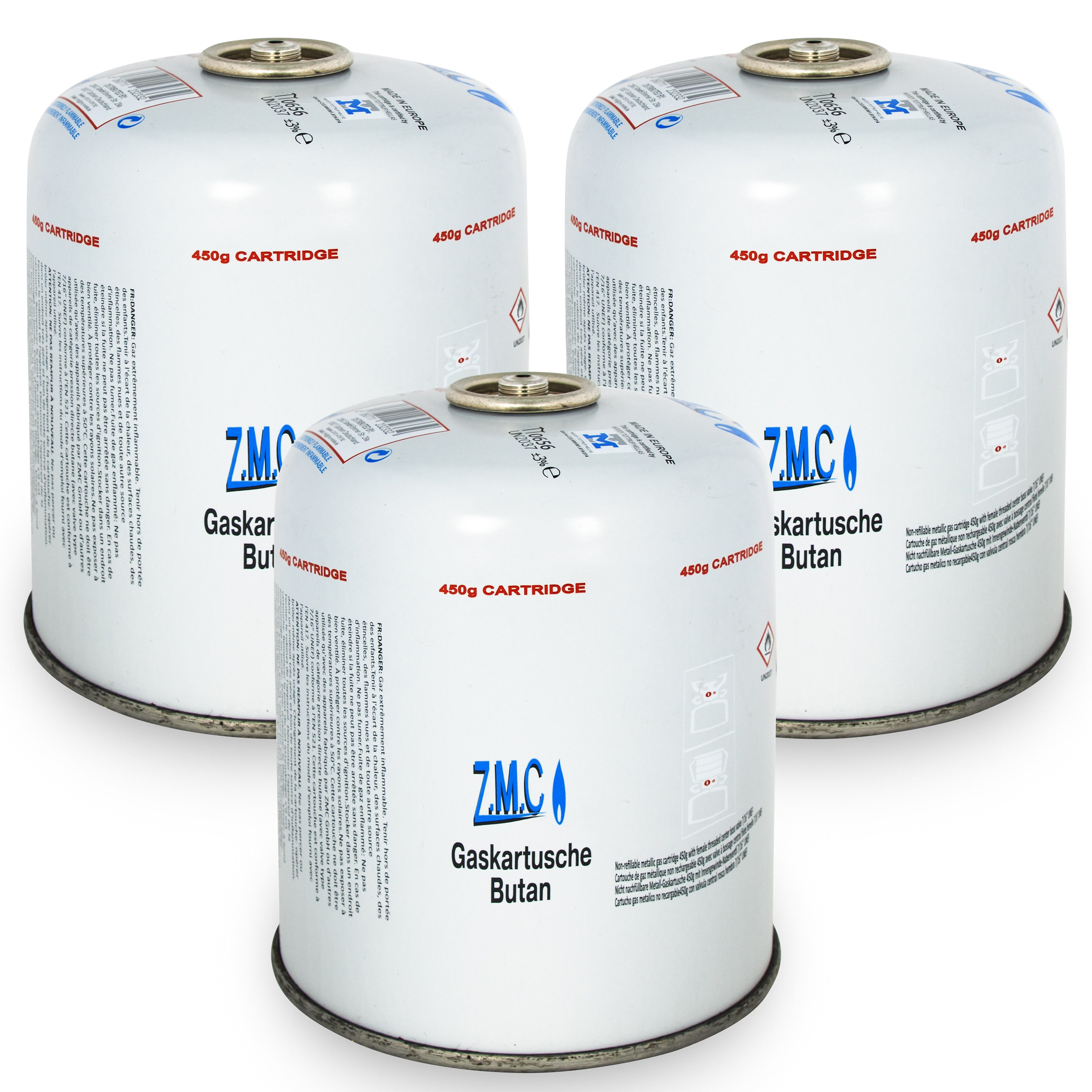 ZMC Gaskartusche Universal Camping Propan Butan Gas 450g Schraubventil Gaskartusche, Zubehör für Butangas Druckgasdose Gaskocher / Gaslötgeräte / Abflammgeräte Eurogewinde, 3 St., Schraubventil Gaskartuschen 900ml Ventilkartusche Gewindeanschluß