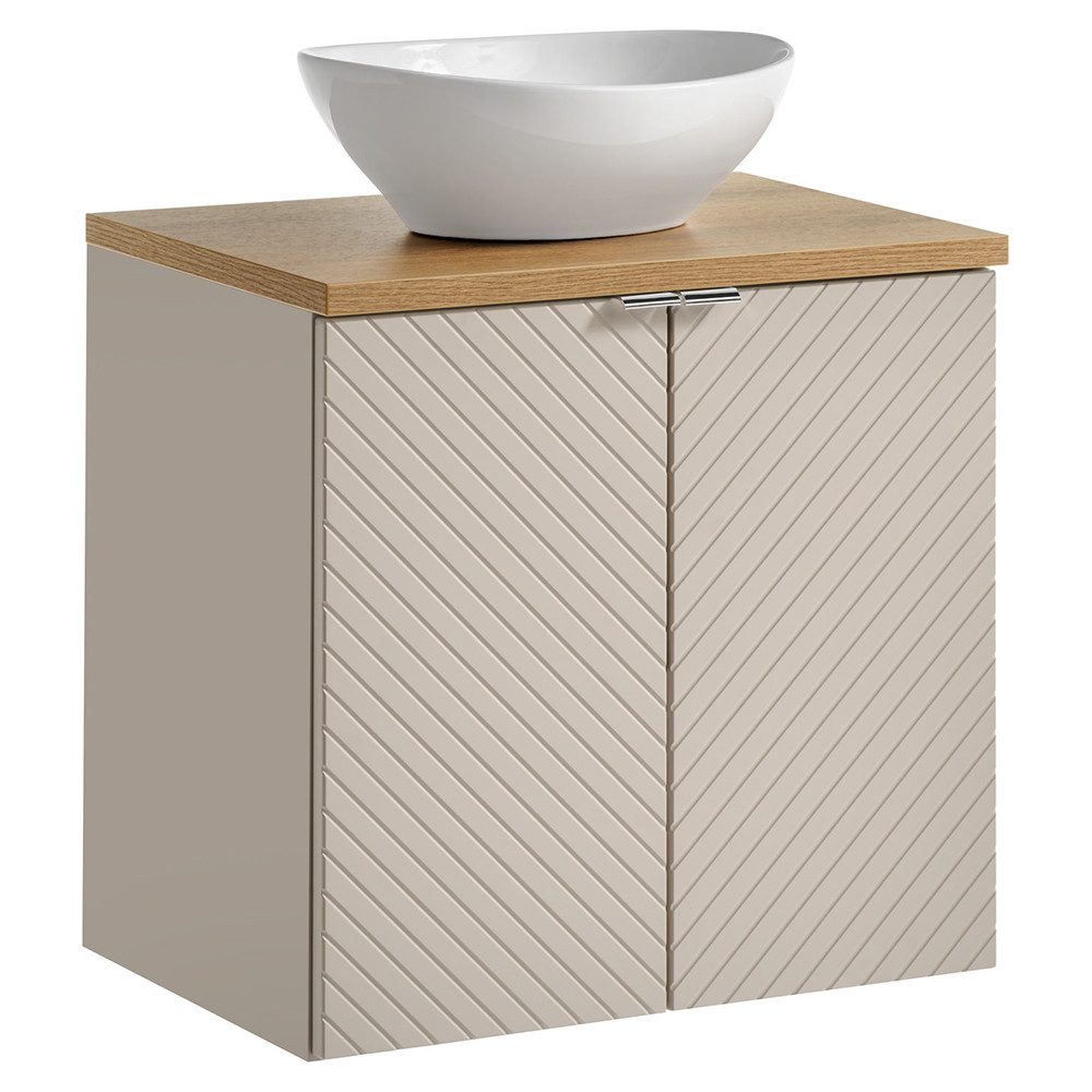 Lomadox Waschtisch VERACRUZ-56, 60cm breit mit Aufsatzwaschbecken, kaschmir mit Eiche, gerillte Front