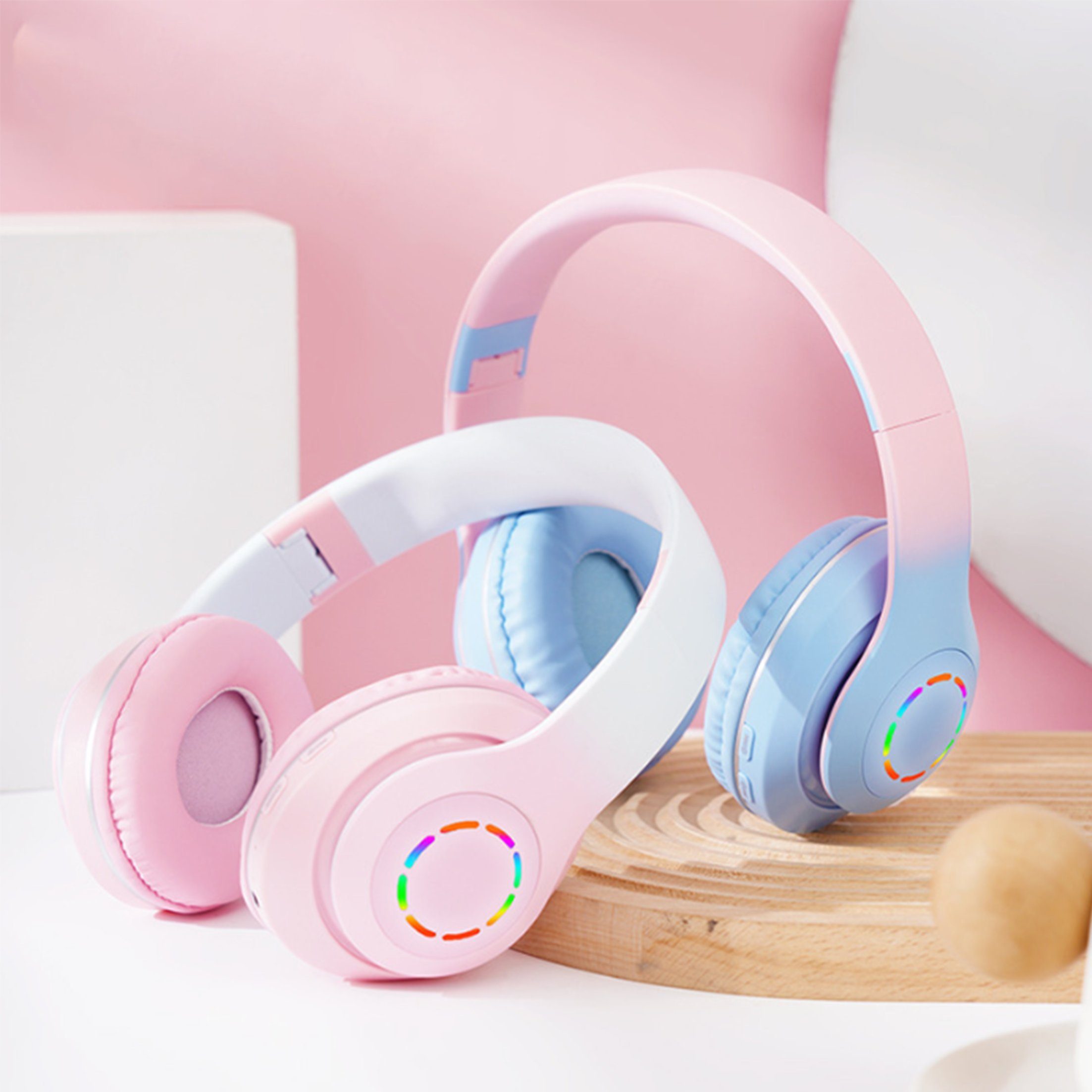 Diida Kopfhörer,Bluetooth-Kopfhörer,Over Funk-Kopfhörer Headset Rosa Farbverlauf Ear Kabelloses