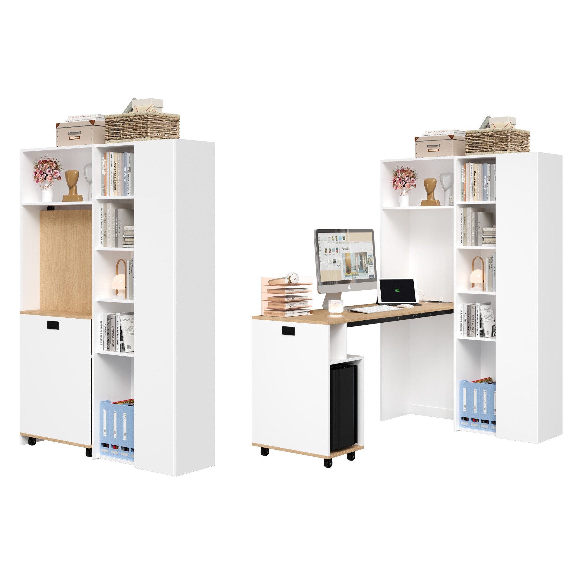Flieks Regal-Schreibtisch Bücherregal mit Steckdose und USB-Anschluss inkl. ausziehbarer Tisch (1-St., Mehrzweckschrank mit verstellbar Einlegeböden, Holzoptik  – Bild 4 von 5