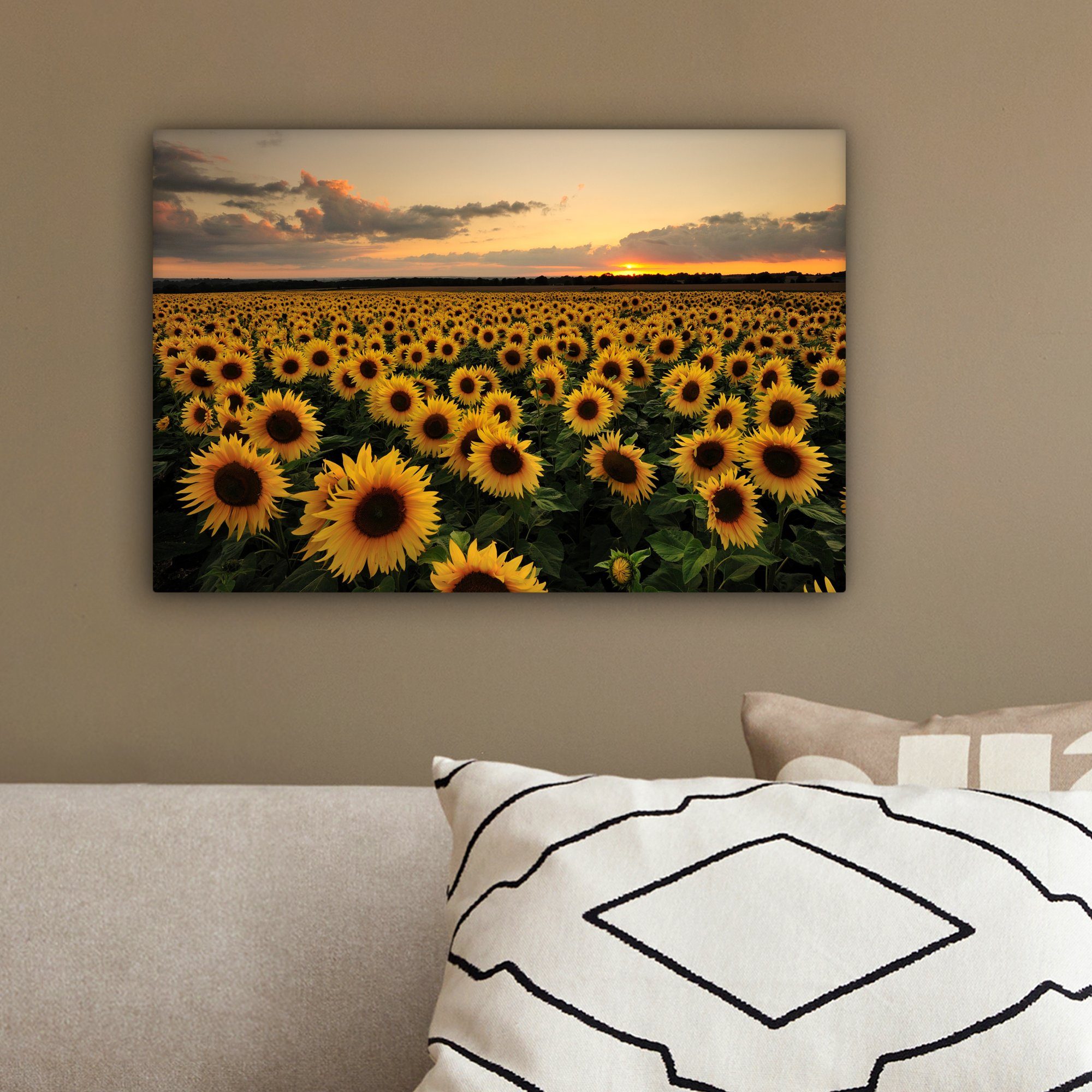 (1 Sonnenuntergang, Leinwandbild Sonnenblumen Aufhängefertig, Wanddeko, 30x20 Wandbild cm Leinwandbilder, OneMillionCanvasses® St), bei
