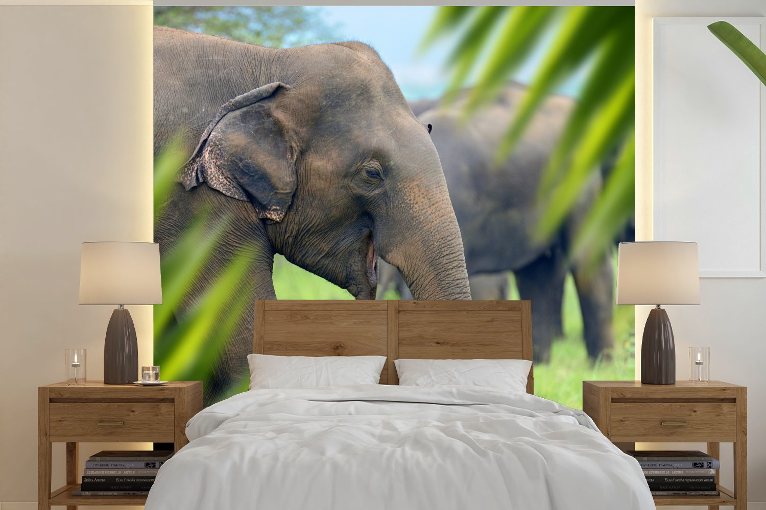 MuchoWow Fototapete Elefant - Palme Tiere, Schlafzimmer, - oder für Vinyl St), (5 bedruckt, Wandtapete Tapete Matt, Wohnzimmer