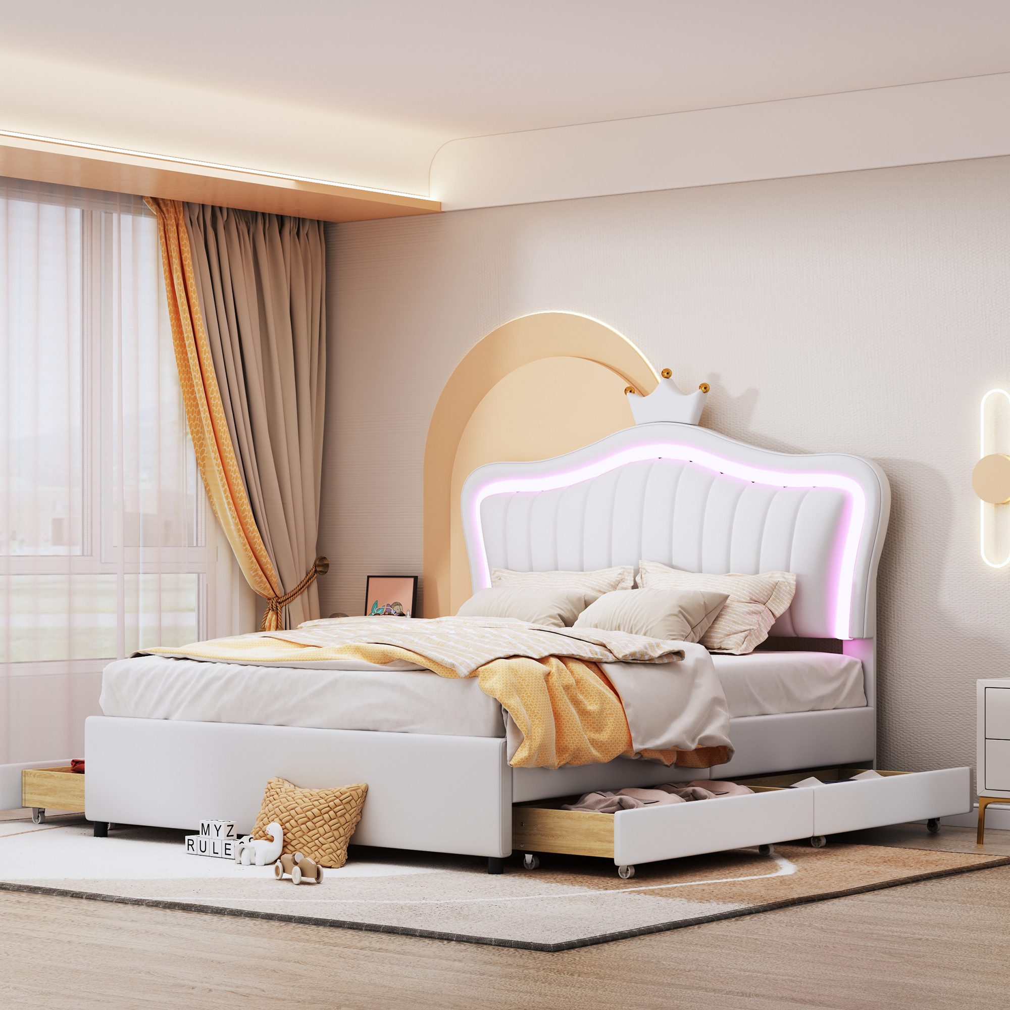 Odikalo Polsterbett Jugendbett Doppelbett 140×200 mit LED (mit gepolstertem Kopfteil, mit 4 seitlichen Stauraumschubladen,Sparen Sie Speicherplatz geeignet für Schlafzimmer)