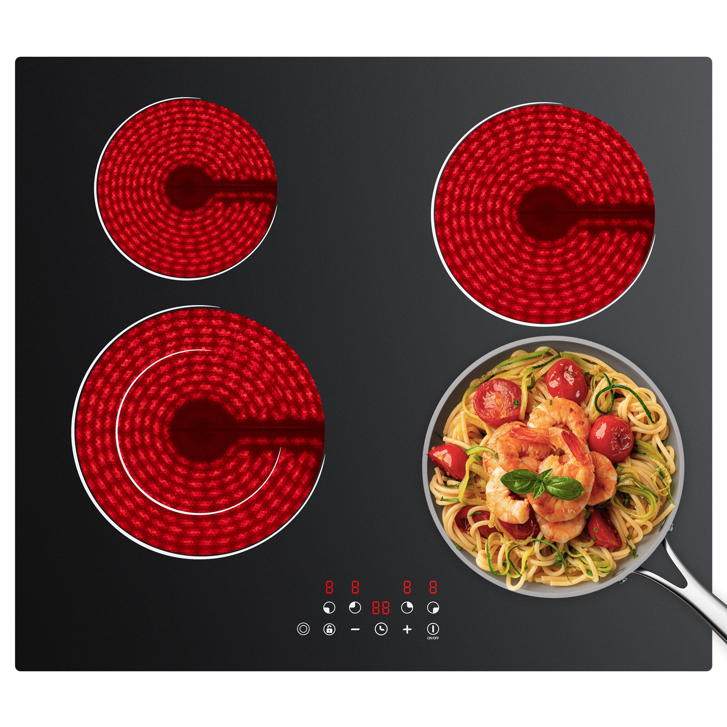 CDV Elektro-Kochfeld 59 cm Doppel-Ring Cerankochfeld 4 Zonen CDVER64B, Einbau Ceran-Kochfeld 9 Stufen, Touch Control mit Timer 6400 W