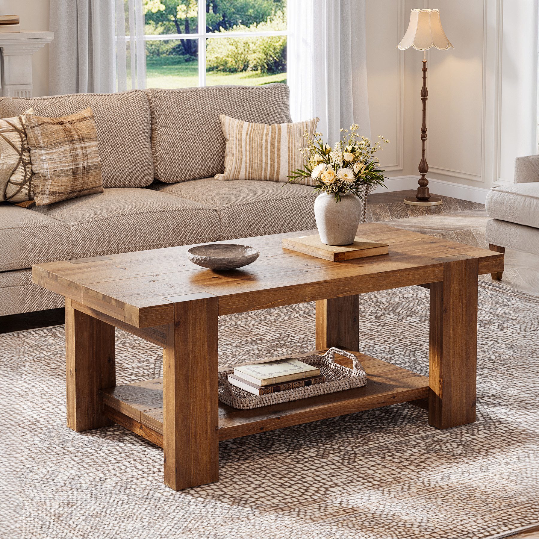 Tribesigns Couchtisch Massivholz Couchtisch 120 cm, 2-stufiger Landhaus-Rechtecktisch