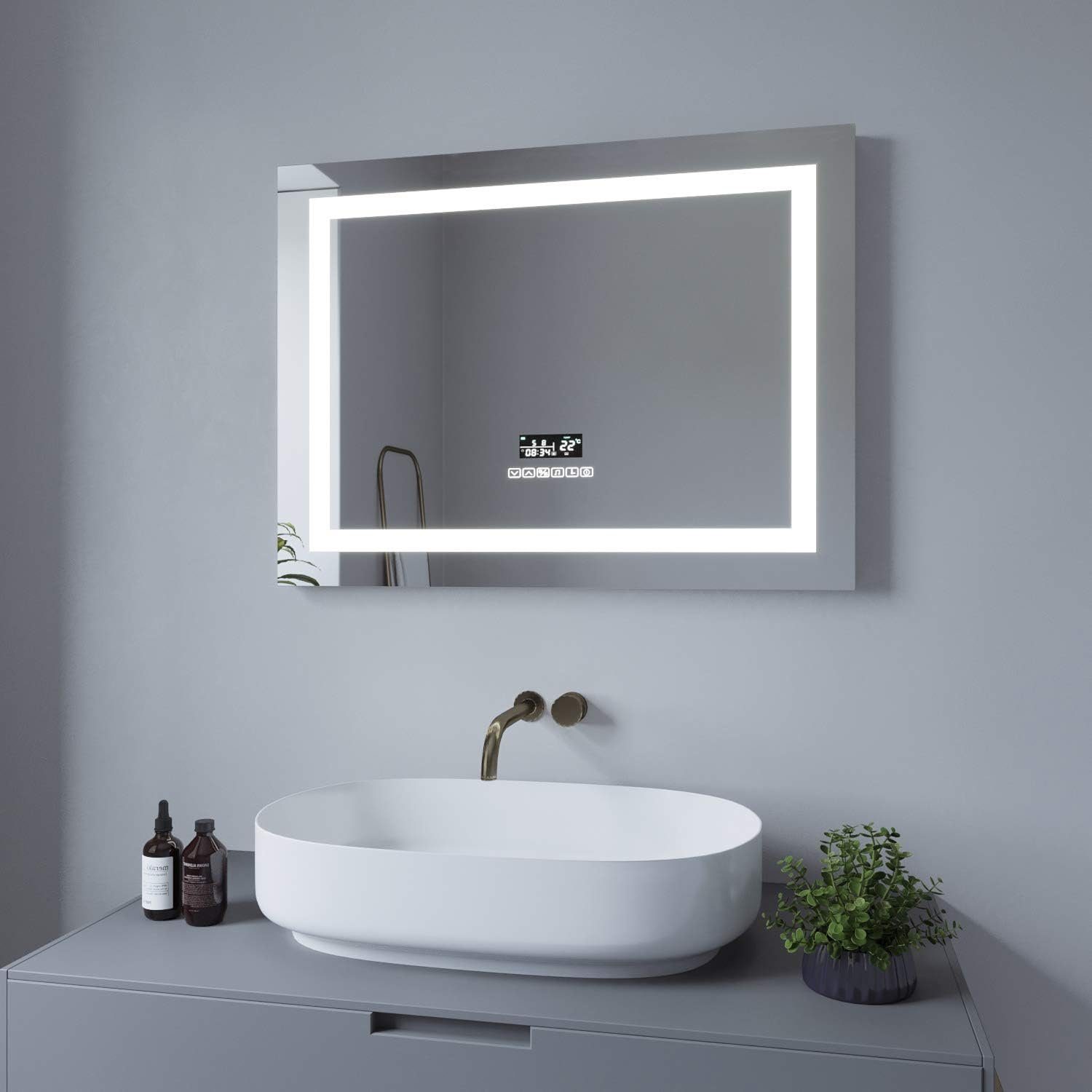 AQUALAVOS Badspiegel LED Badspiegel 80x60 cm mit Beleuchtung Bluetooth Lautsprecher Dimmbar, Badezimmerspiegel 6400K Kaltweiß & 4500K Neutralweiß & 3000K Warmweiß