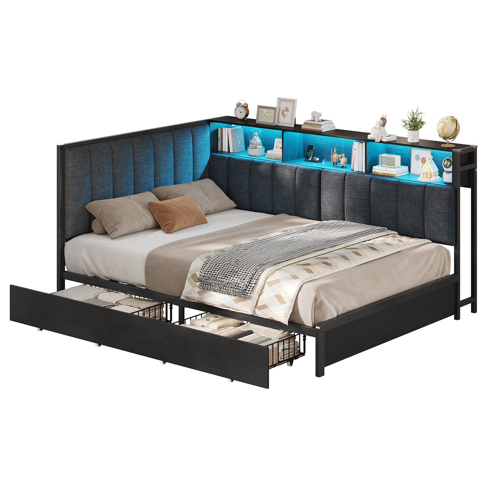 KIMENICH Polsterbett Jugendbett mit LED-Beleuchtung und Ladestation, Schlafsofa, Daybett (Ohne Matratze), Tagesbett mit 2 Schubladen und offenen Regalen, 140 x 200 cm